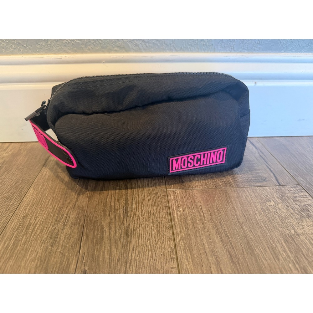 Moschino Black Canvas Pink Logo Toiletry Bag Travel Cosmetic Pouch Made in Italy